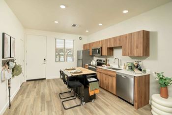 European wood-style cabinets and quartz countertops